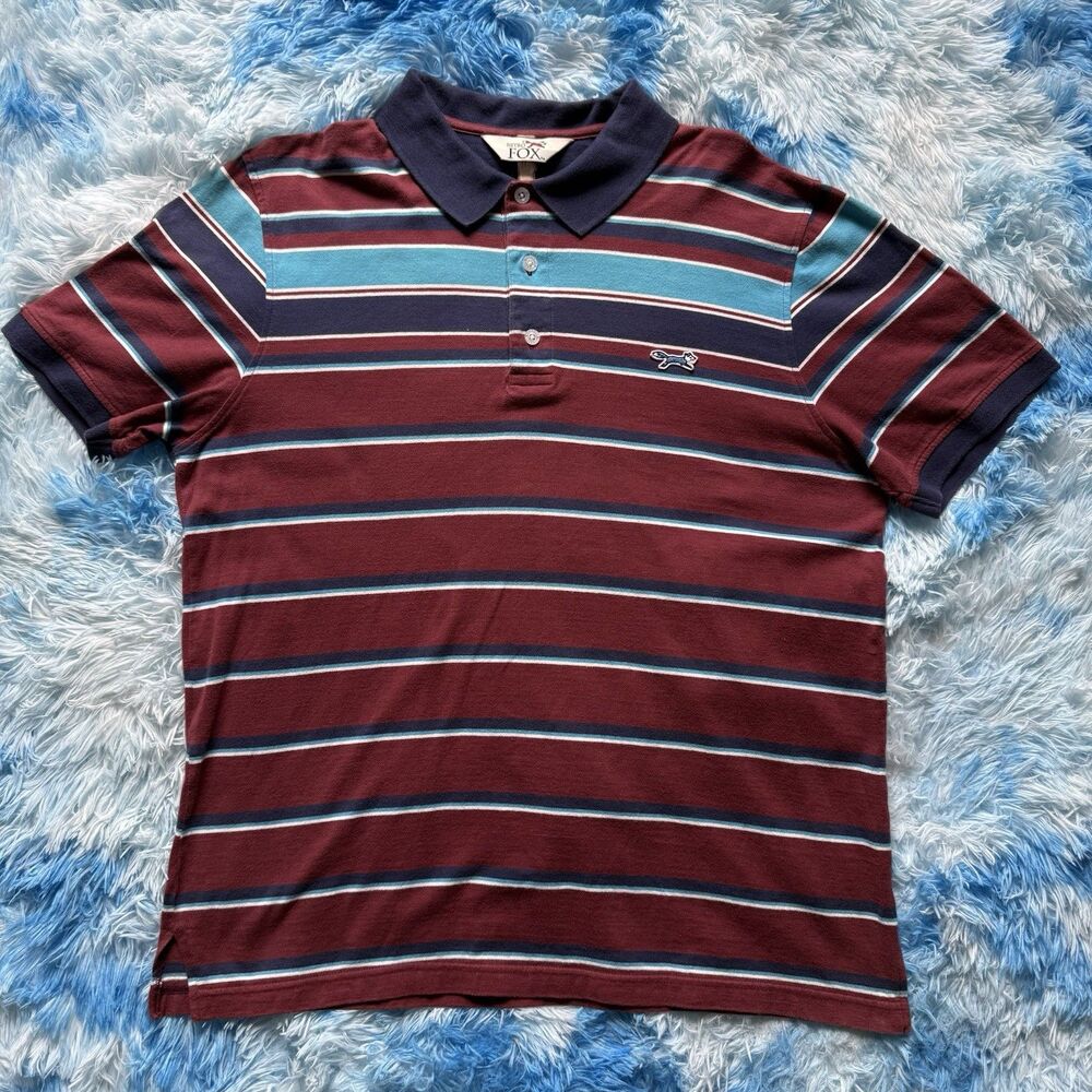 Retro Fox Striped Polo Shirt Mens XL Maroon Navy Teal Stripe